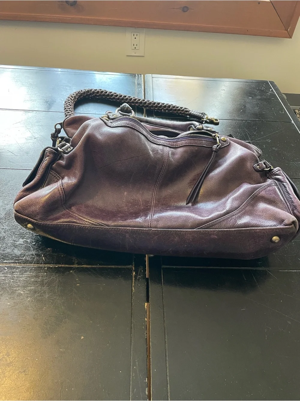 Plum Leather Satchel with Brass Accent Hardware